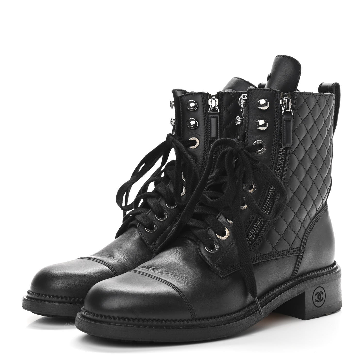 Chanel Calfskin Quilted Lace Up Boots 39 Black 3 of 9