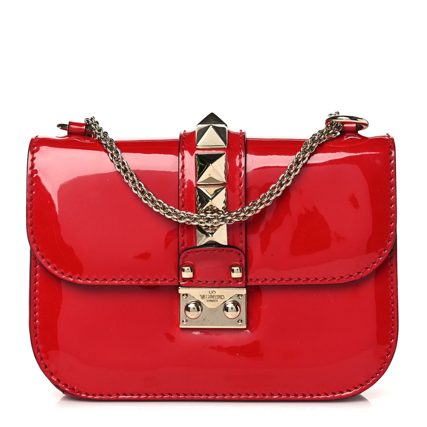 Patent Small Glam Lock Rockstud Flap Rosso Valentino