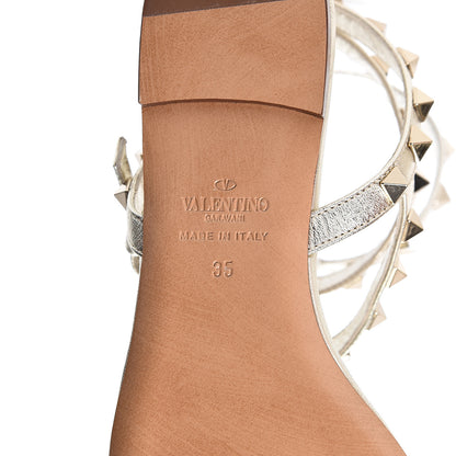 Valentino Garavani Metallic Nappa Rockstud Ankle Wrap Flat Thong Sandals 35 Platino 8 of 9