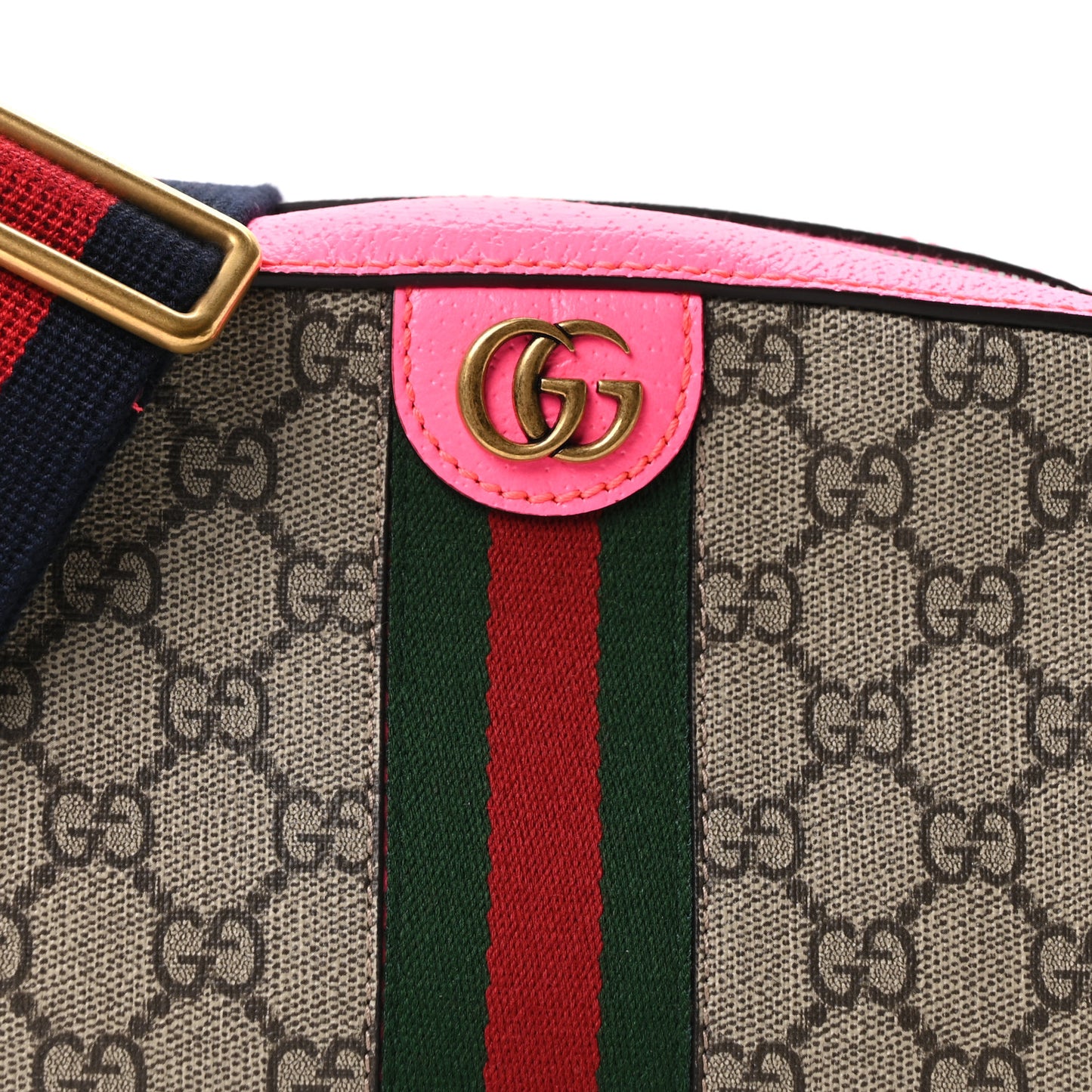 GG Supreme Monogram Textured Dollar Calfskin Web Ophidia Small Crossbody Bag Beige Ebony Fuchsia
