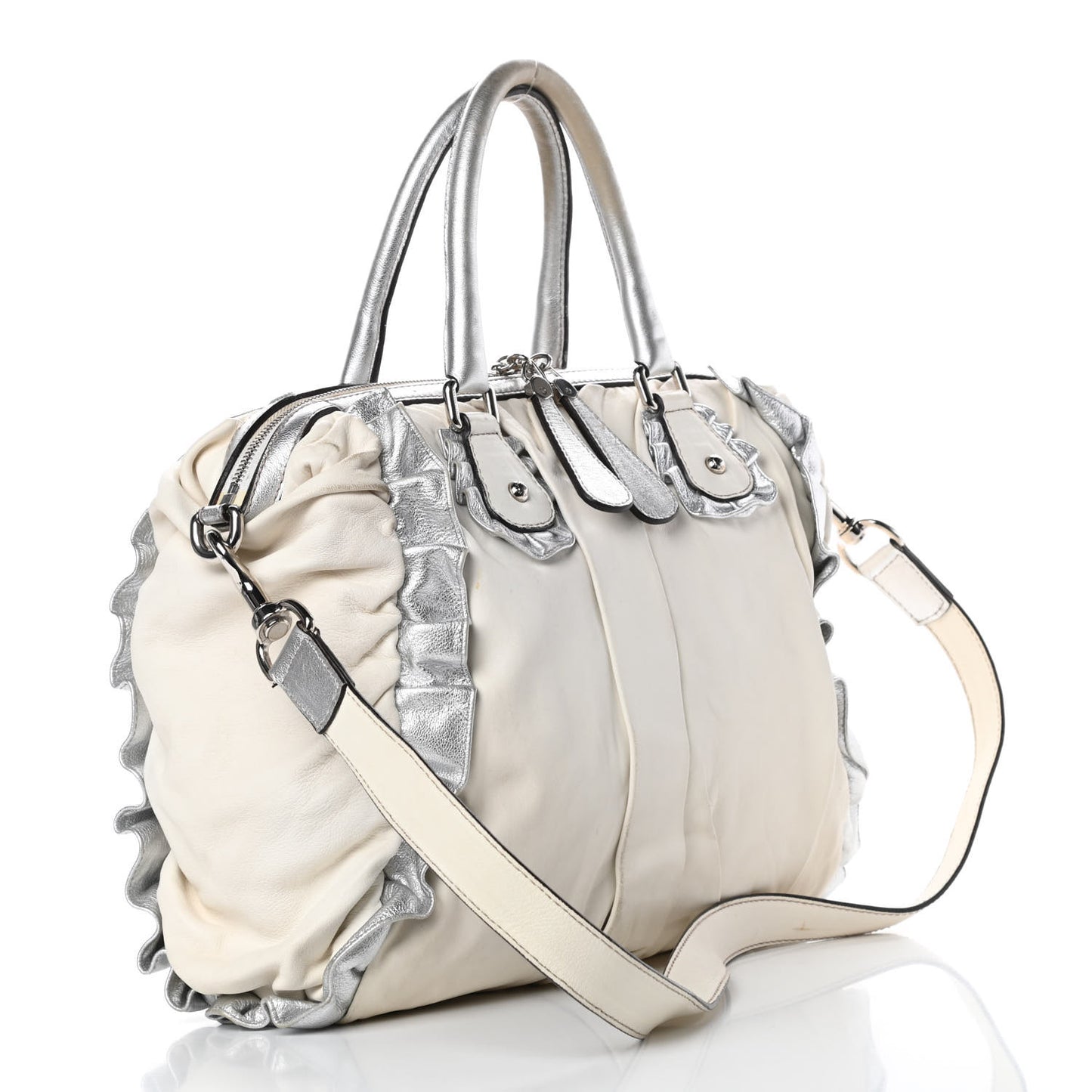 Distressed Calfskin Ruffled Miss Rouche Satchel White Silver