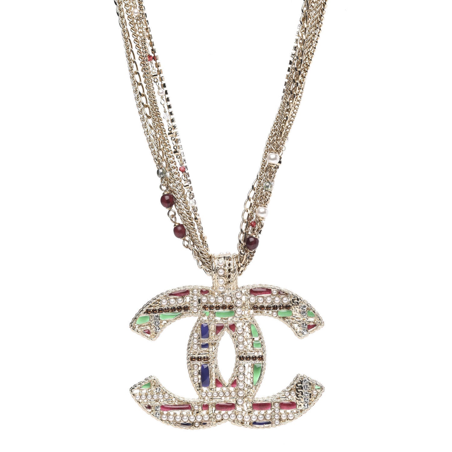 Pearl Large CC Pendant Necklace Gold Green Red