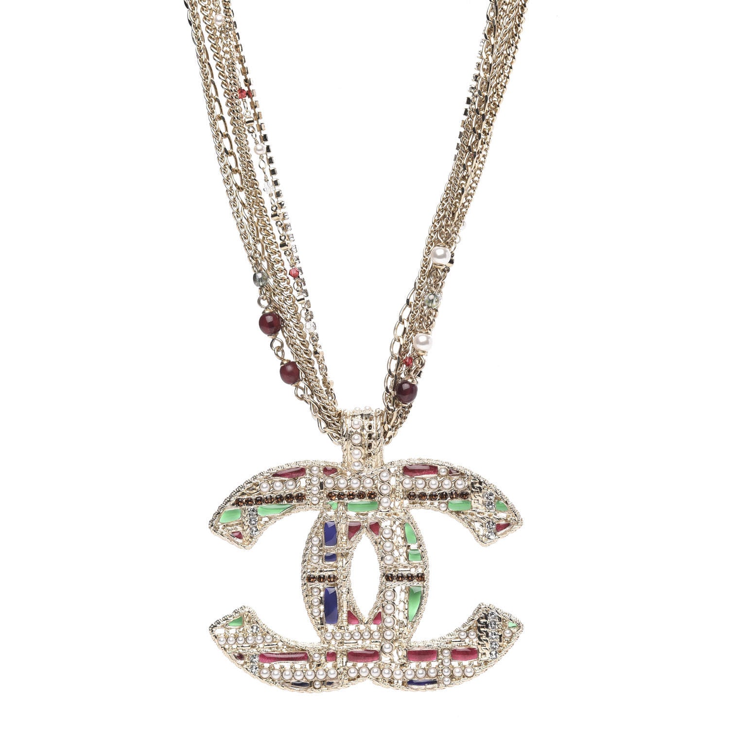 Chanel Pearl Large CC Pendant Necklace Gold Green Red 1 of 6