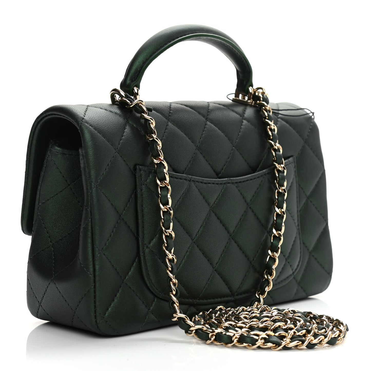 Iridescent Lambskin Quilted Mini Top Handle Rectangular Flap Dark Green