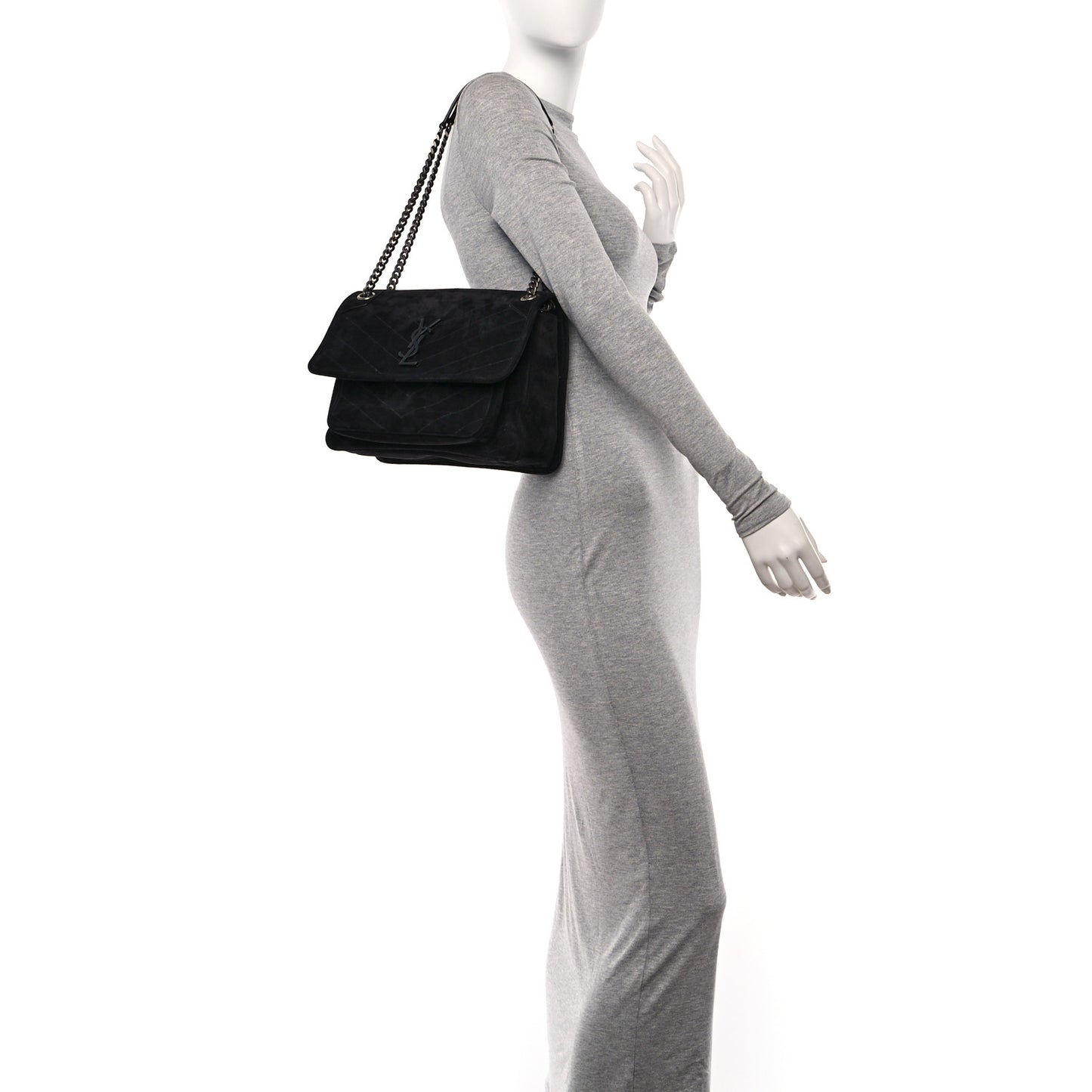 Suede Monogram Medium Niki Chain Satchel Black