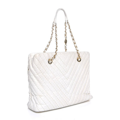 Chanel Calfskin Surpique Chevron Tote White 3 of 16