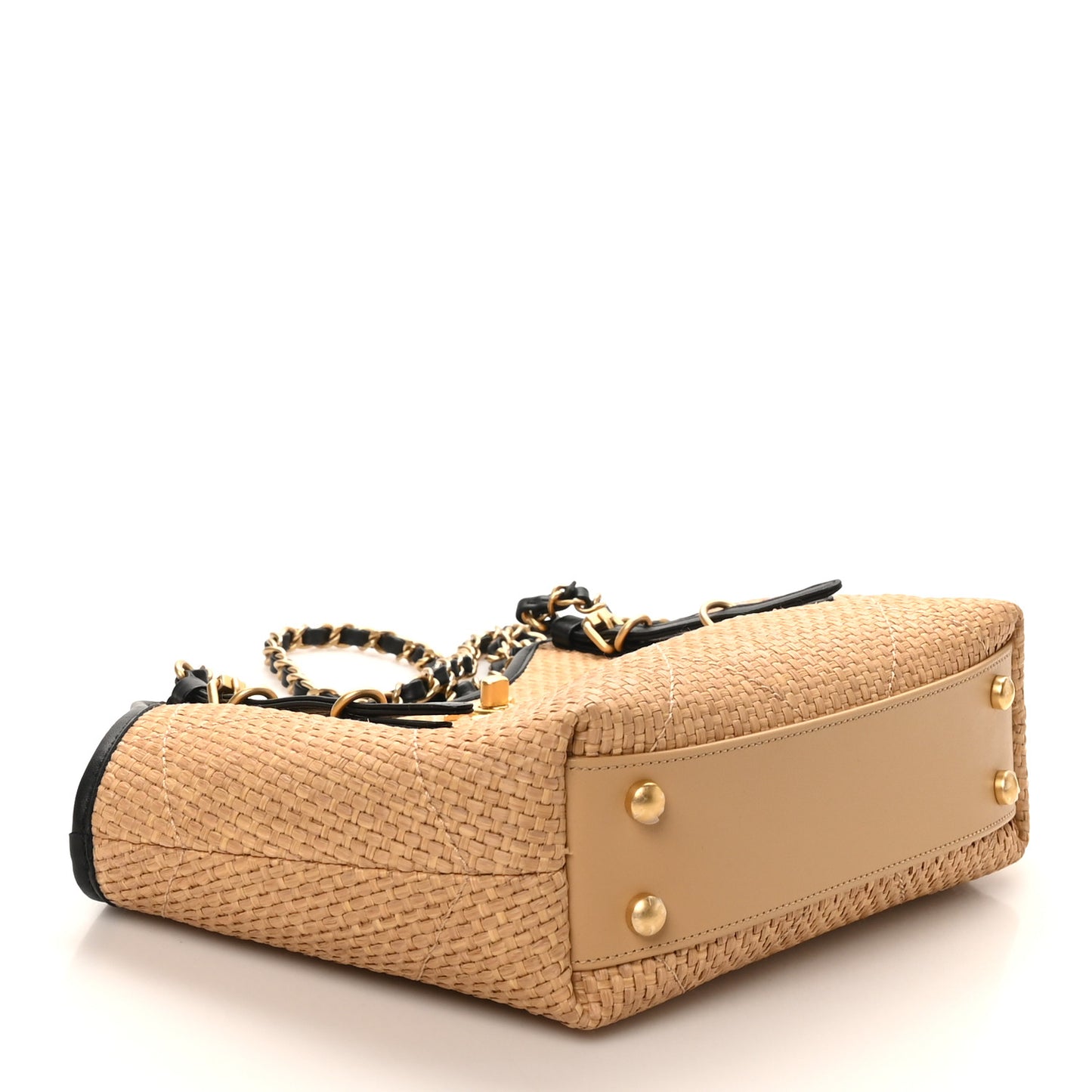 Braided Raffia Quilted Small Shopping Bag Dark Beige Black