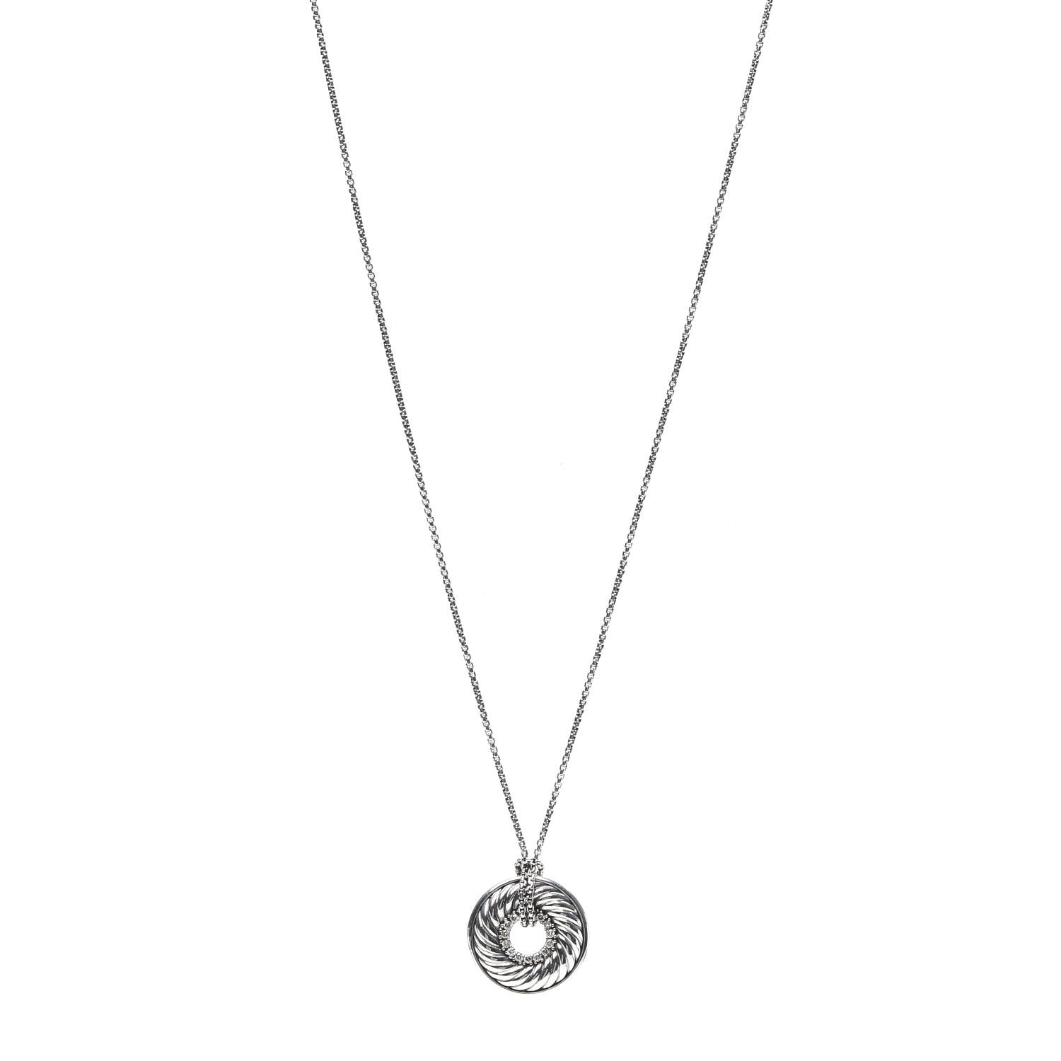 David Yurman Sterling Silver Diamond Sculpted Cable Disc Necklace 1 of 5