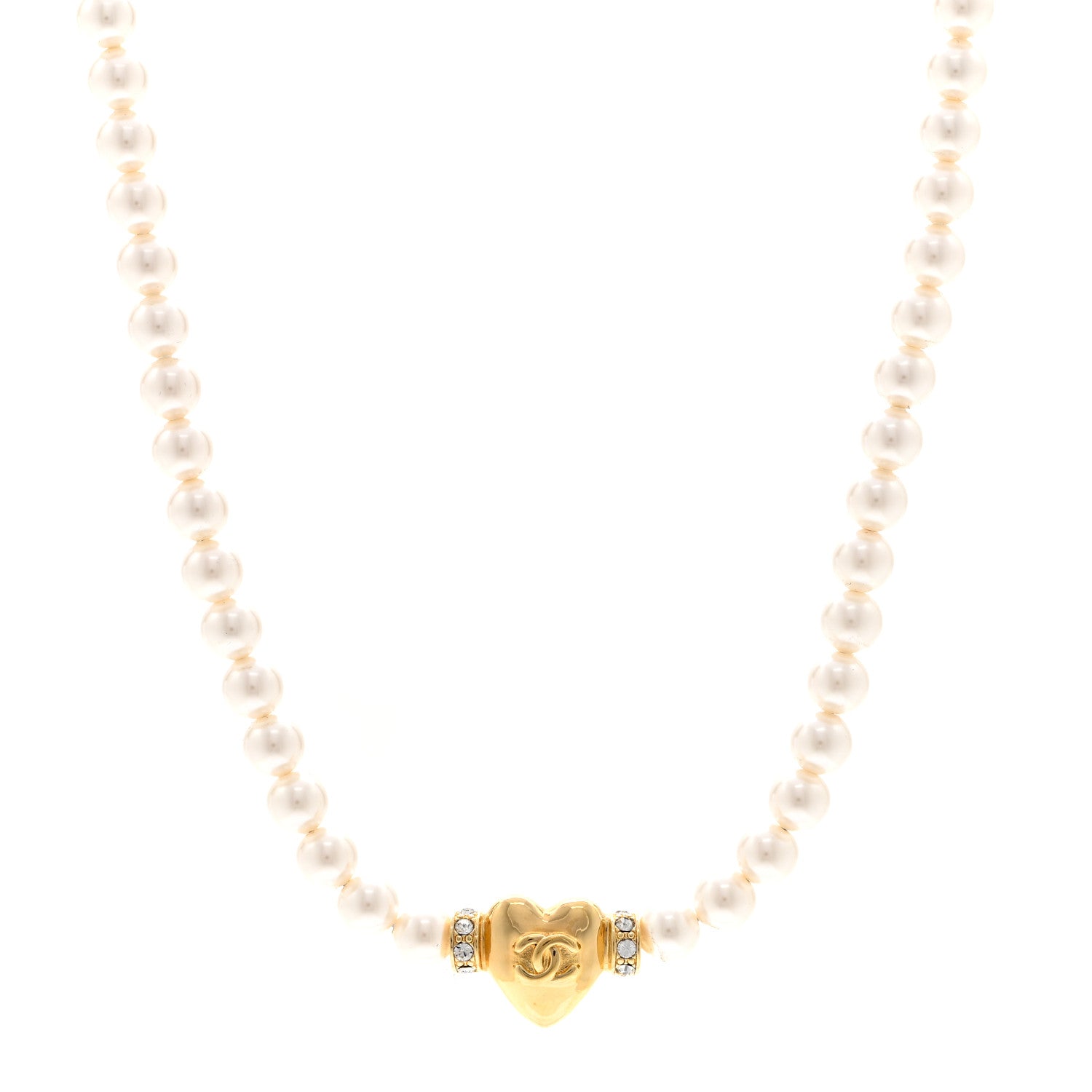 Chanel Crystal Pearl CC Heart Choker Necklace Gold 1 of 6