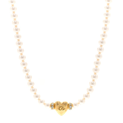 Chanel Crystal Pearl CC Heart Choker Necklace Gold 1 of 6
