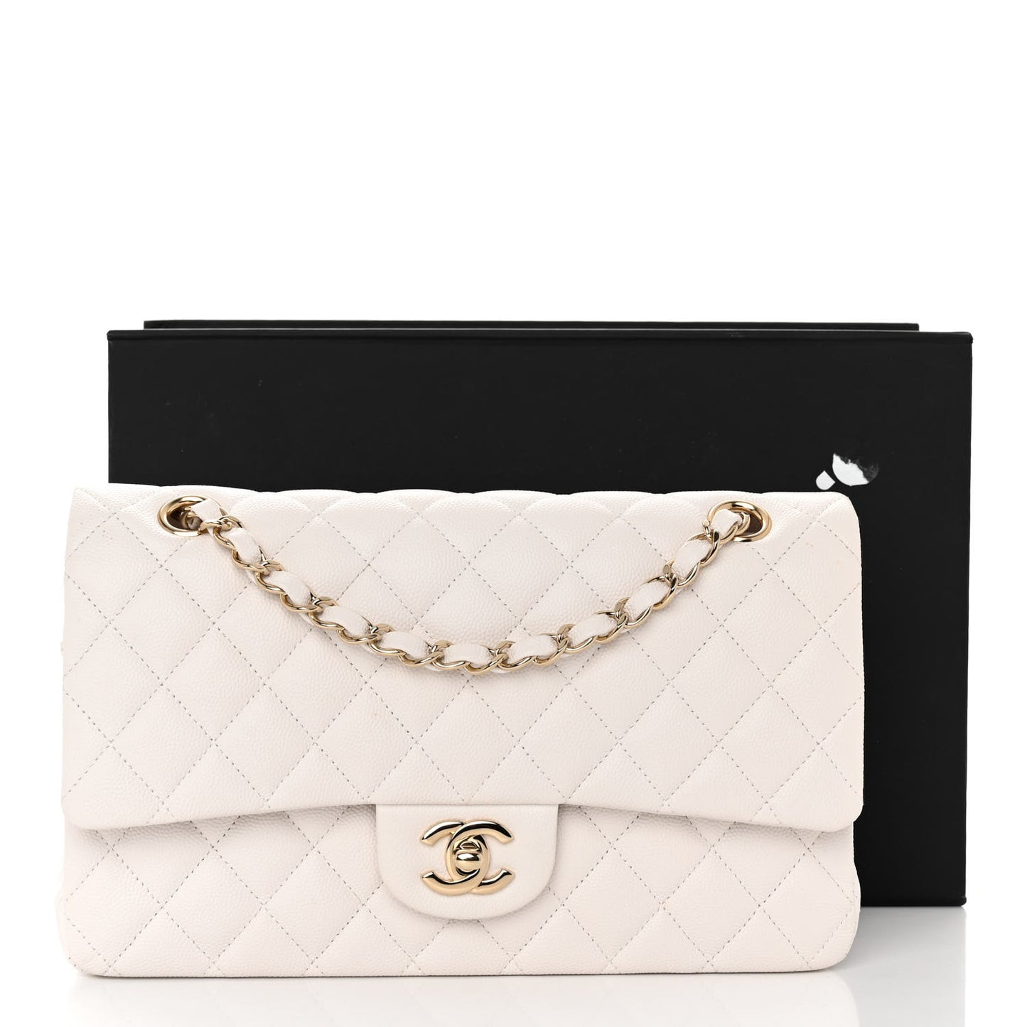 Caviar Quilted Medium Double Flap White