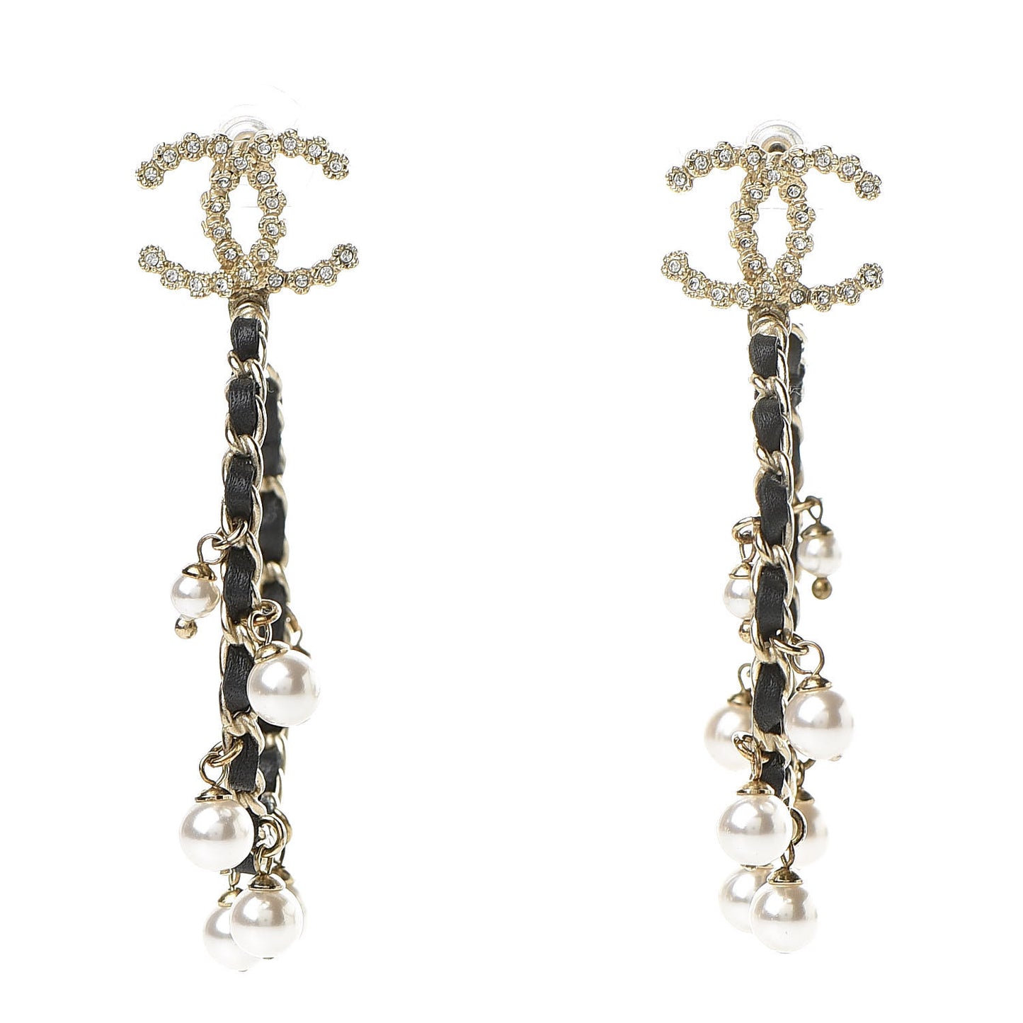 Lambskin Pearl Crystal CC Chain Hoop Earrings Gold Black