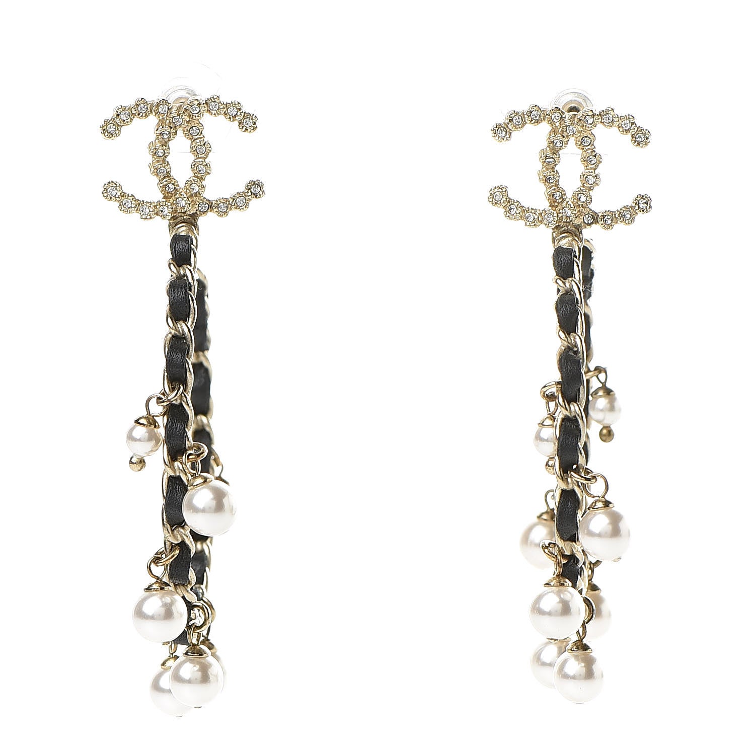 Chanel Lambskin Pearl Crystal CC Chain Hoop Earrings Gold Black 1 of 5
