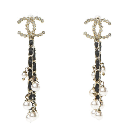 Chanel Lambskin Pearl Crystal CC Chain Hoop Earrings Gold Black 1 of 5