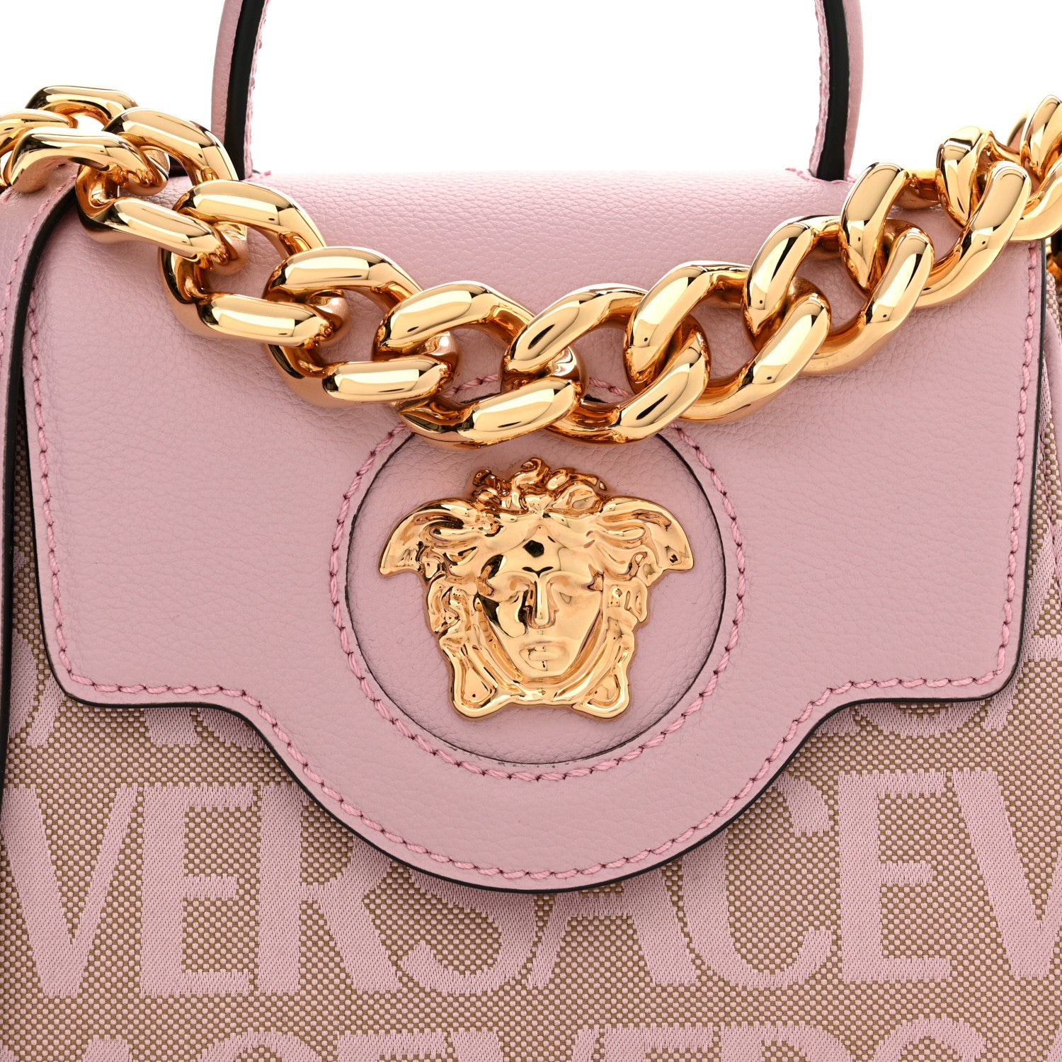 Versace Calfskin Canvas Allover La Medusa Small Top Handle Handbag Pink 7 of 9
