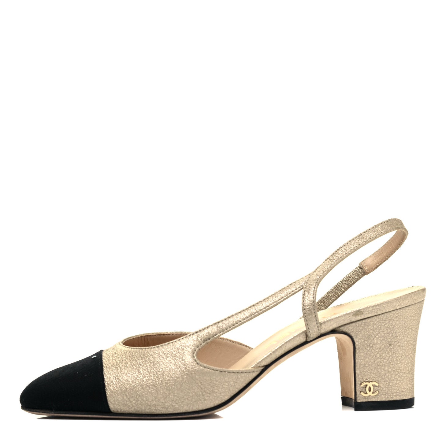 Metallic Lambskin Grosgrain Cap Toe CC Slingback Pumps 36 Gold Black