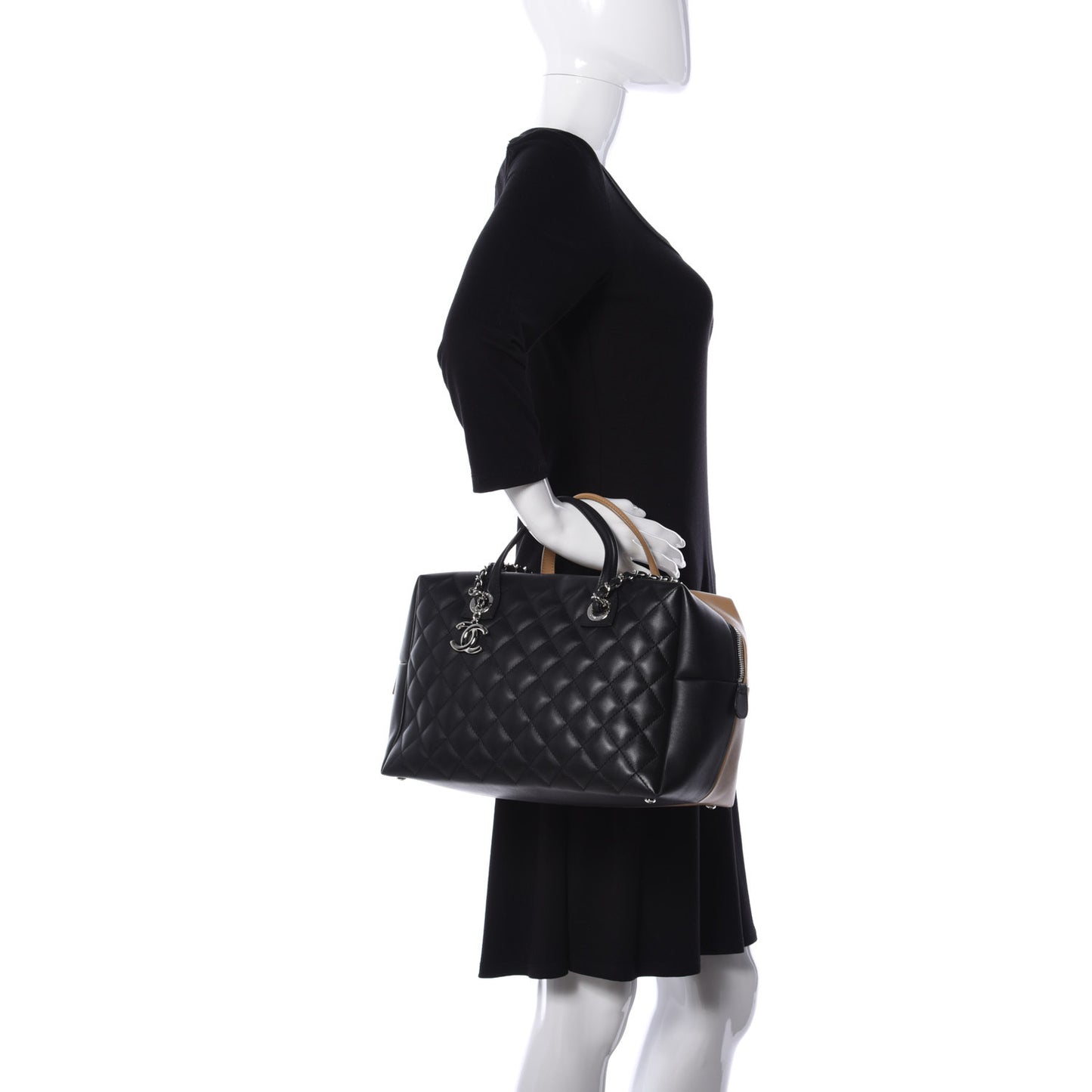 Calfskin Quilted Feather Weight Bowling Bag Black Beige