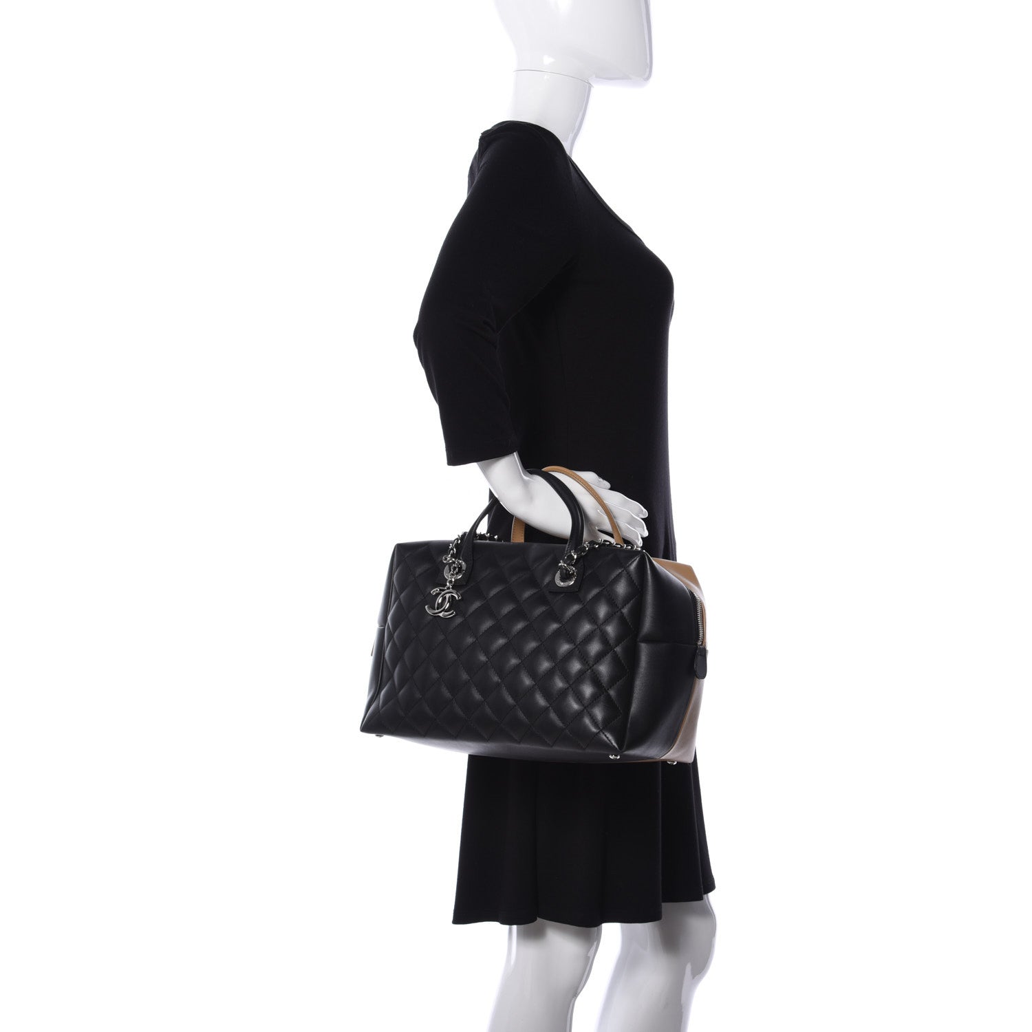 Chanel Calfskin Quilted Feather Weight Bowling Bag Black Beige 3 of 9