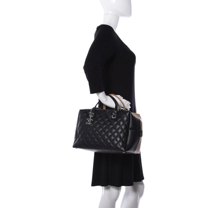 Chanel Calfskin Quilted Feather Weight Bowling Bag Black Beige 3 of 9