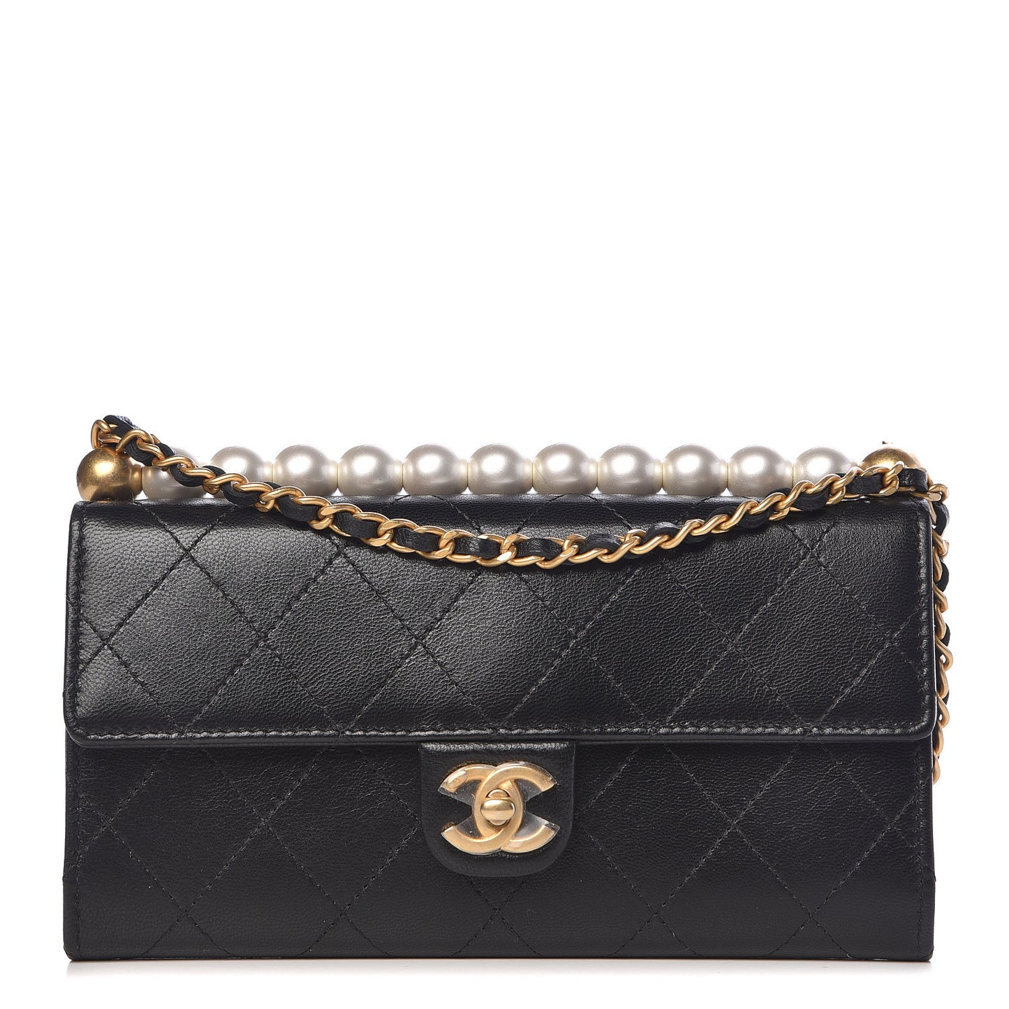 Goatskin Stitched Pearl Clutch With Chain Black