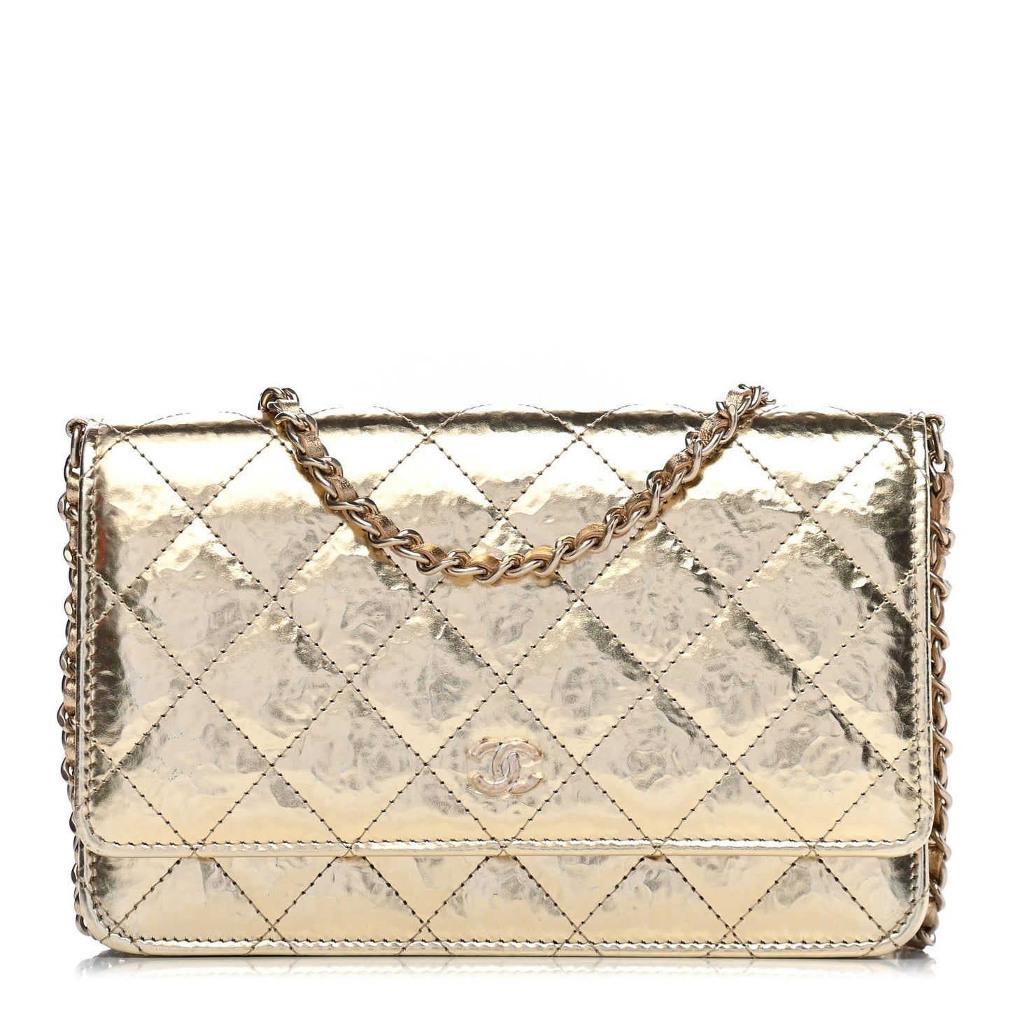 Hammered Metallic Calfskin Quilted Wallet On Chain WOC Gold