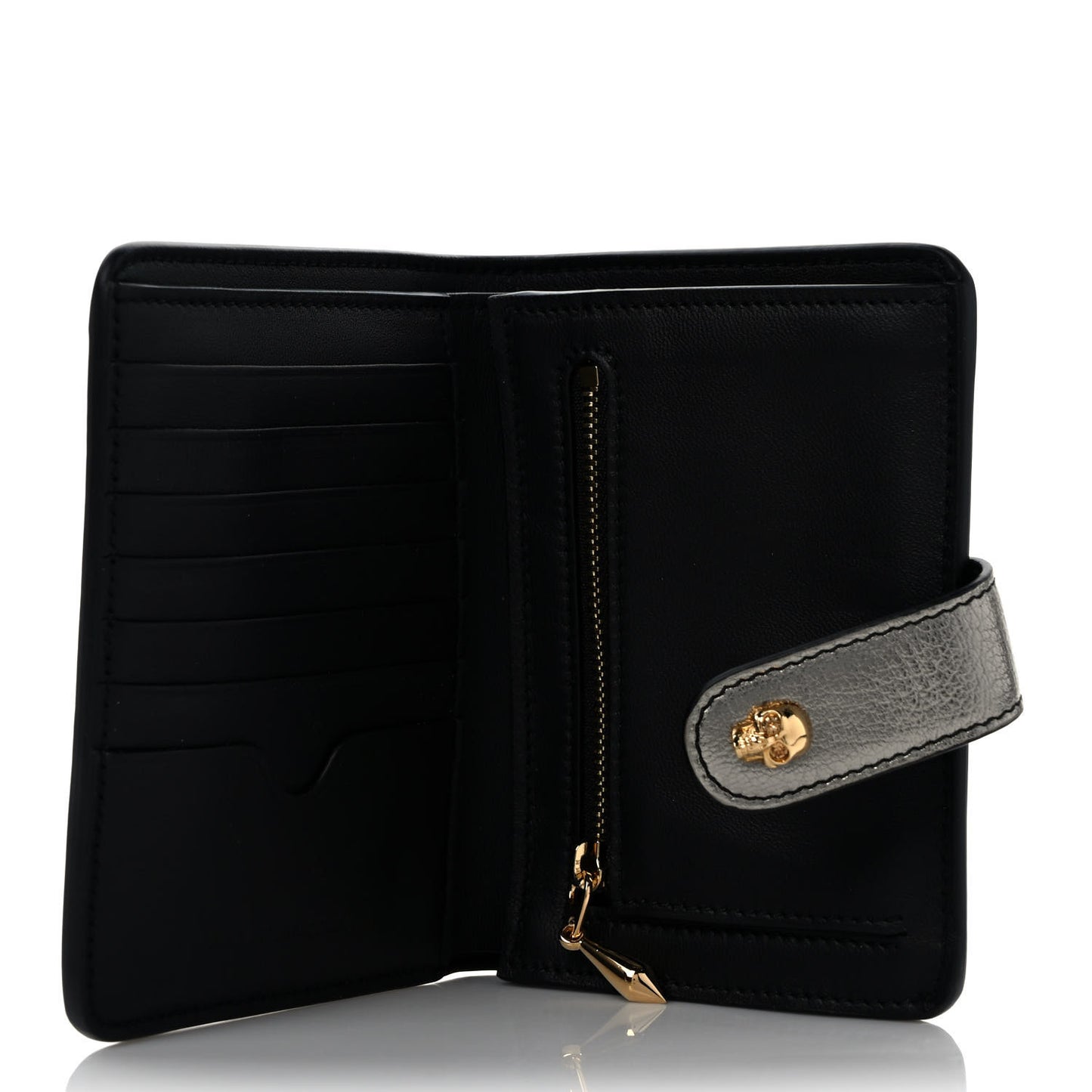 Metallic Calfskin Skull French Wallet Dark Silver