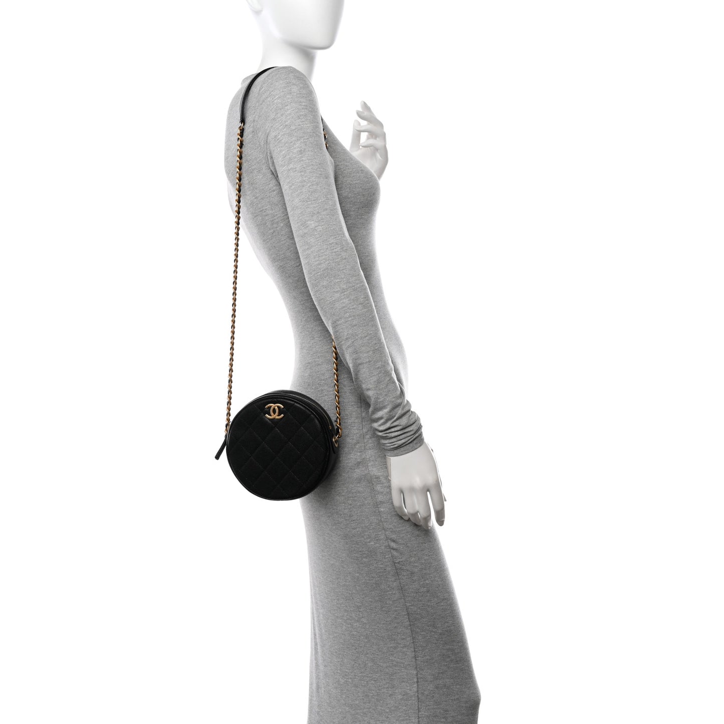Caviar Quilted Small Round Bag With Chain Black
