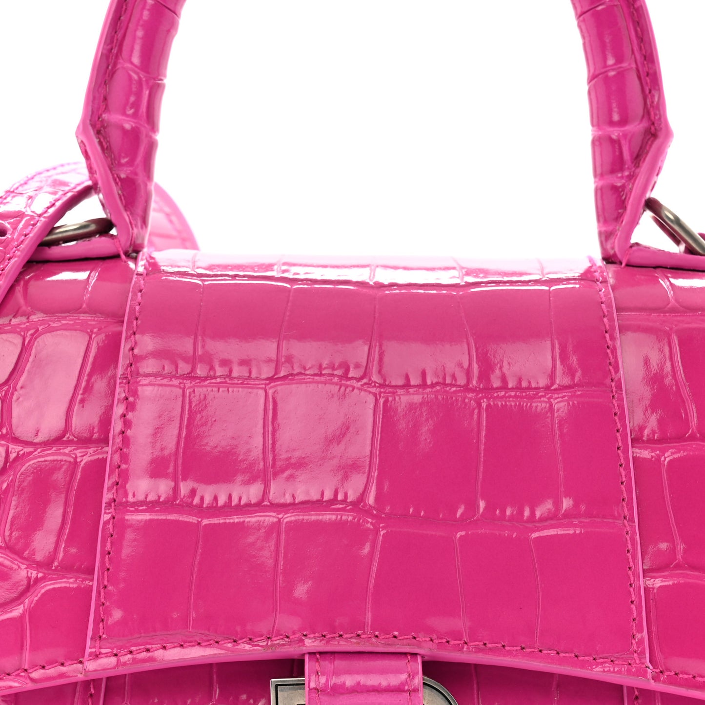 Shiny Calfskin Crocodile Embossed Hourglass Top Handle Bag XS Lipstick Pink