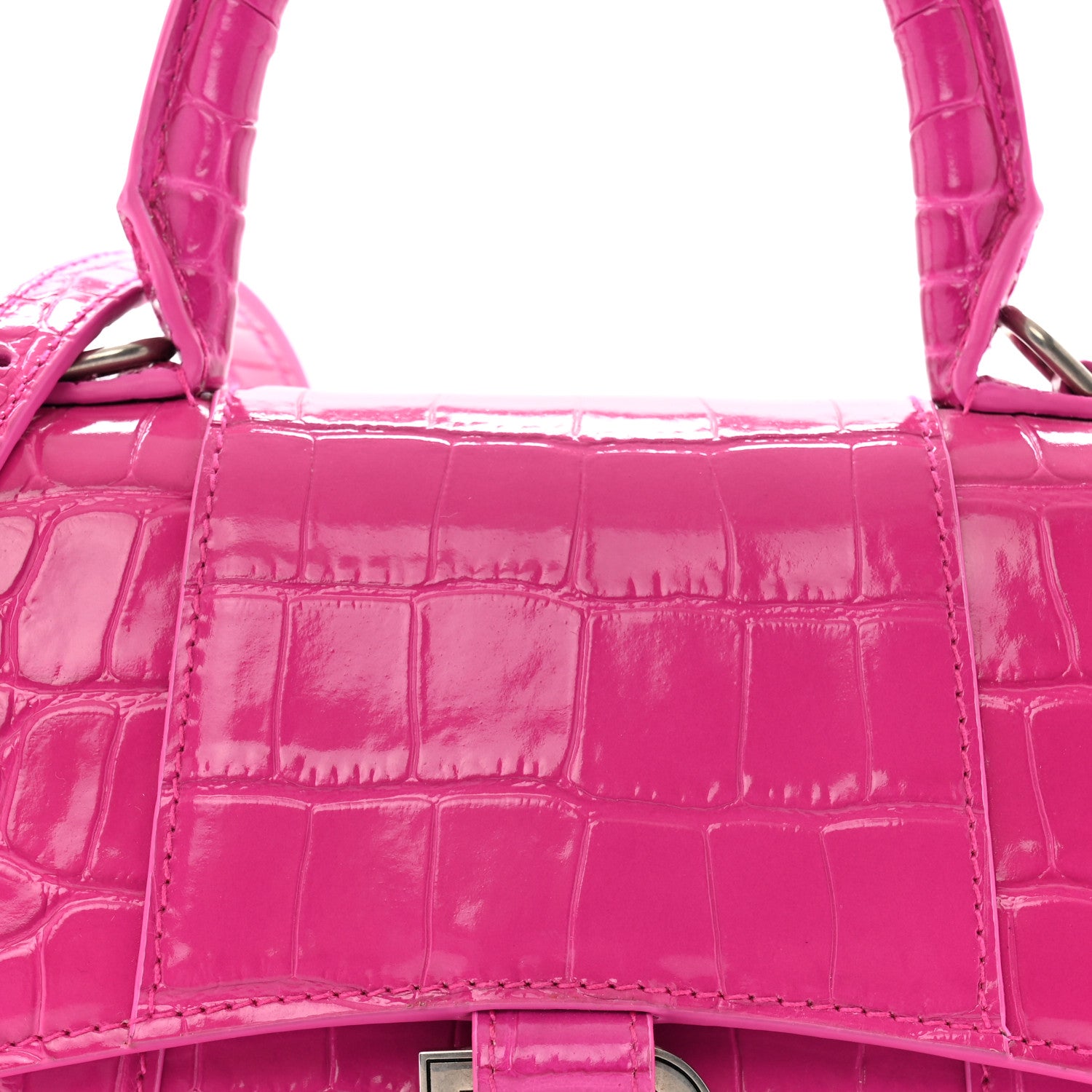 Balenciaga Shiny Calfskin Crocodile Embossed Hourglass Top Handle Bag XS Lipstick Pink 9 of 15