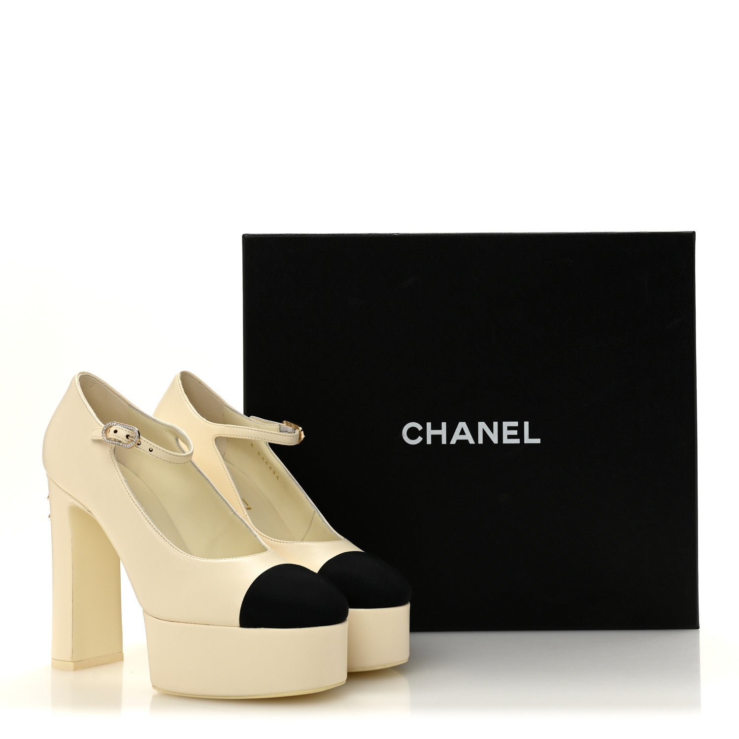 Chanel Lambskin Grosgrain Mary Jane Platform Pumps 38 Ivory Black 10 of 10