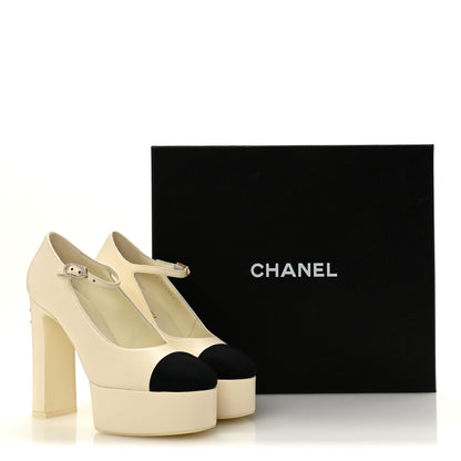 Chanel Lambskin Grosgrain Mary Jane Platform Pumps 38 Ivory Black 10 of 10