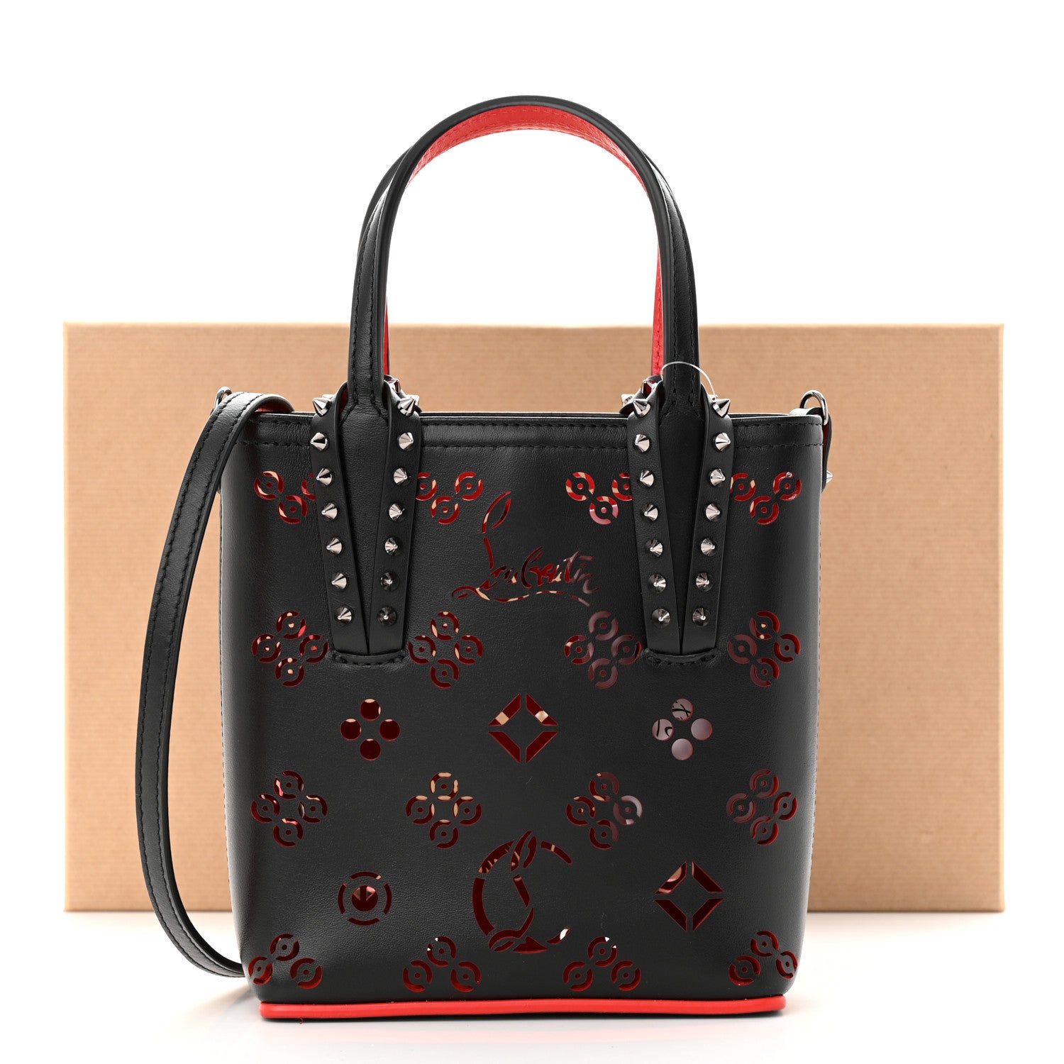 Christian Louboutin Calfskin Loubinthesky Perforated Spikes Mini North South Cabata Tote Black 11 of 11