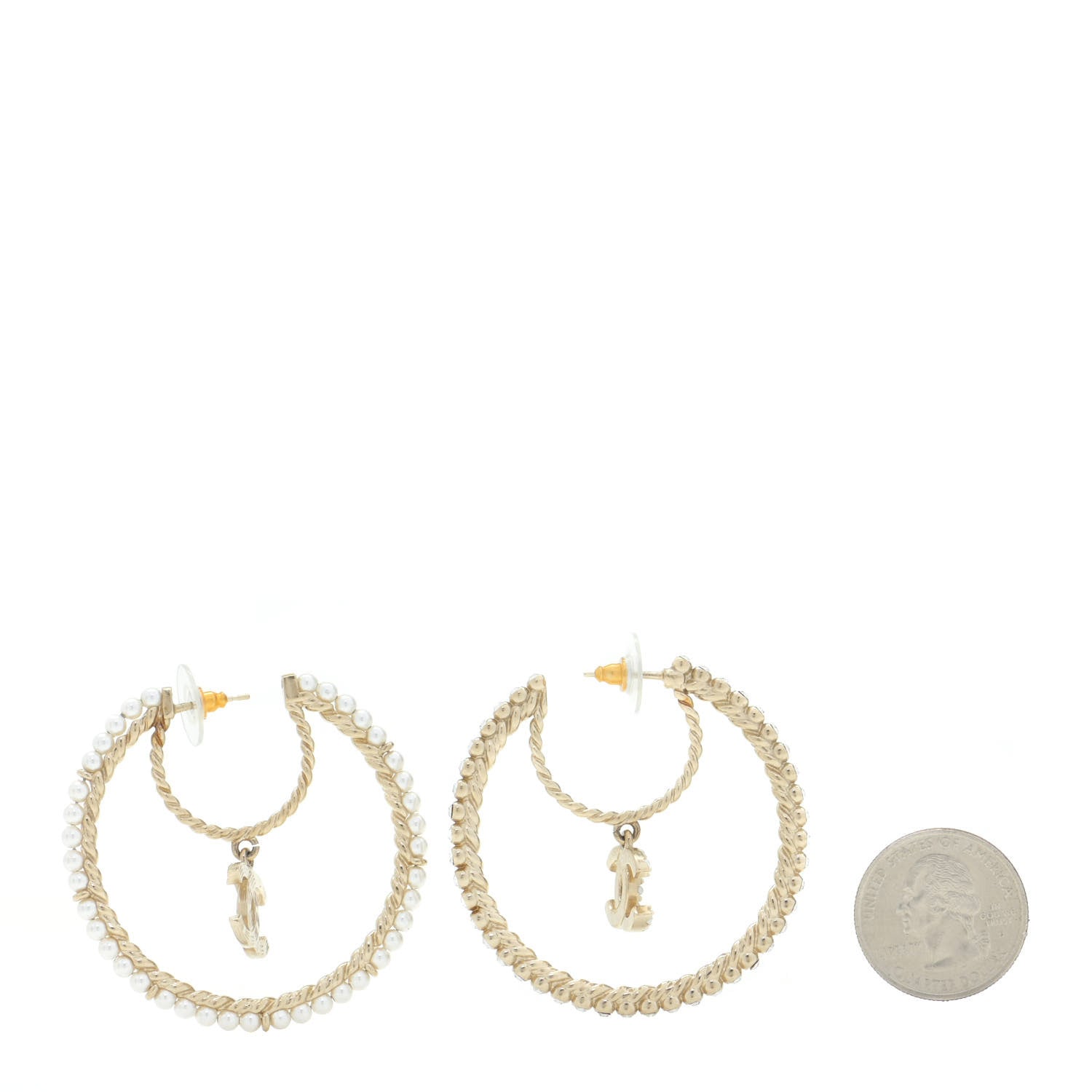Chanel Crystal Pearl CC Drop Hoop Earrings Gold Pearly White 2 of 5