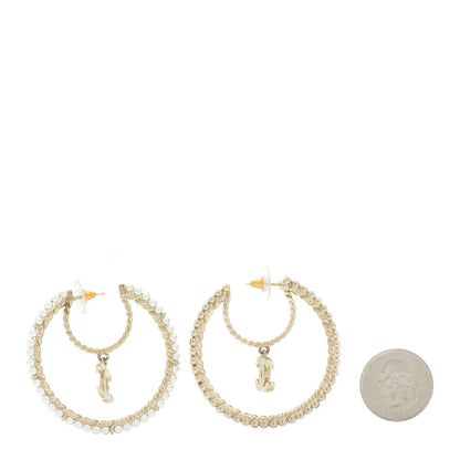 Chanel Crystal Pearl CC Drop Hoop Earrings Gold Pearly White 2 of 5