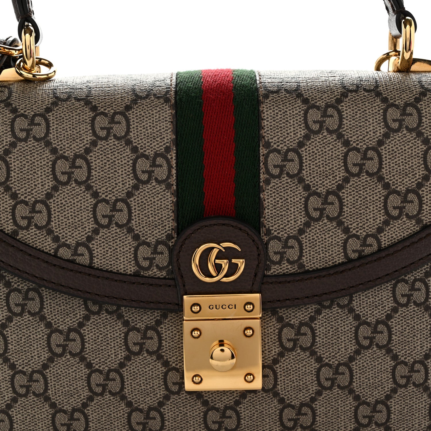 Gucci GG Supreme Monogram Textured Dollar Calfskin Web Small Ophidia Padlock Top Handle Bag Beige Ebony New Acero 9 of 11