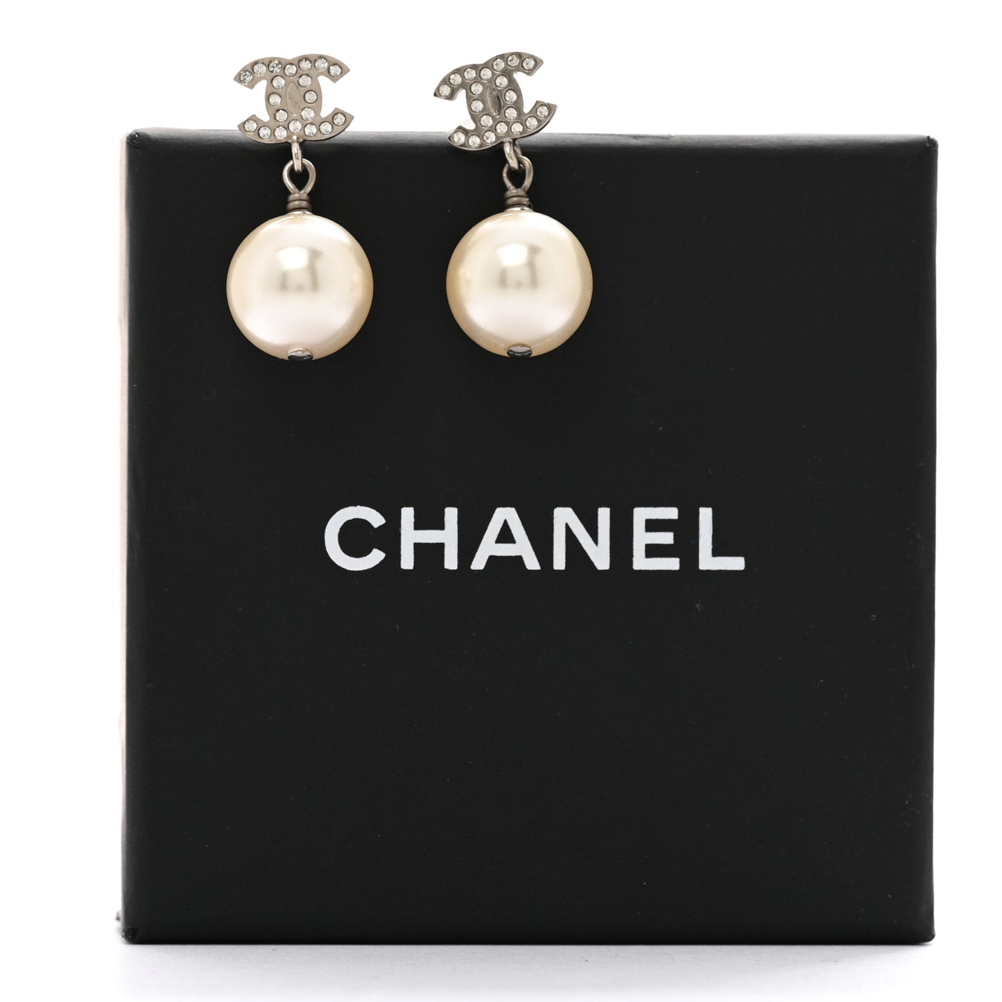 Crystal Pearl CC Drop Earrings Silver Pearly White