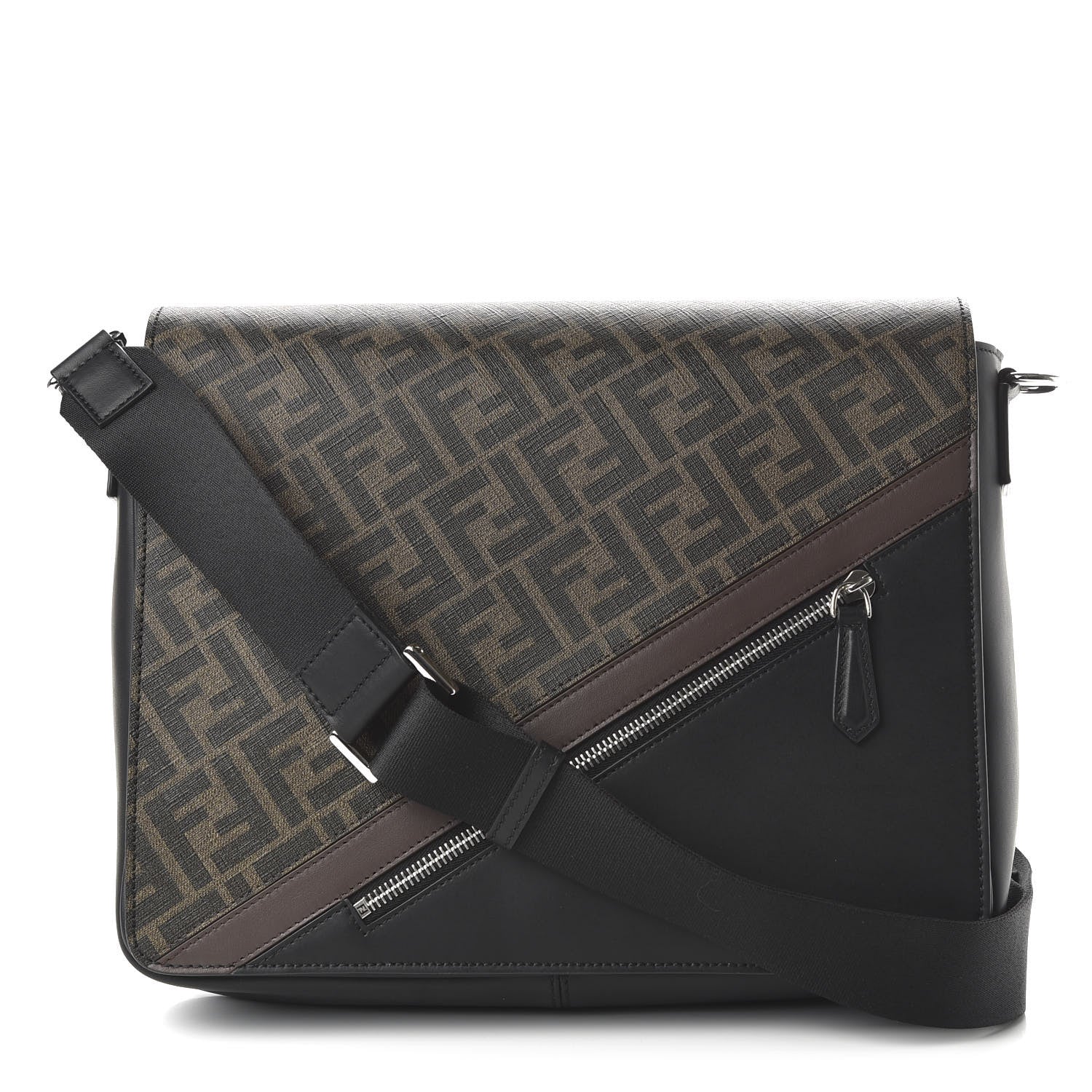 Fendi Glazed Fabric Vitello Liberty FF 1974 Diagonal New Messenger Flap Tobacco Moresco Black 1 of 10