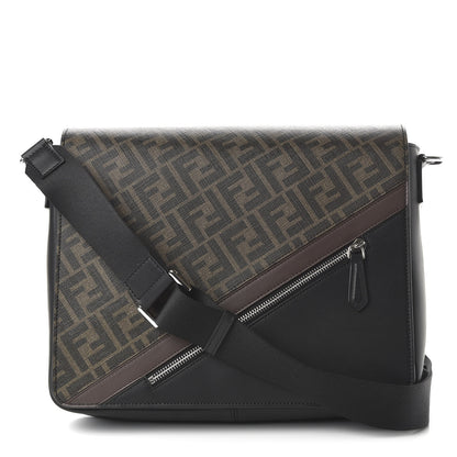 Fendi Glazed Fabric Vitello Liberty FF 1974 Diagonal New Messenger Flap Tobacco Moresco Black 1 of 10