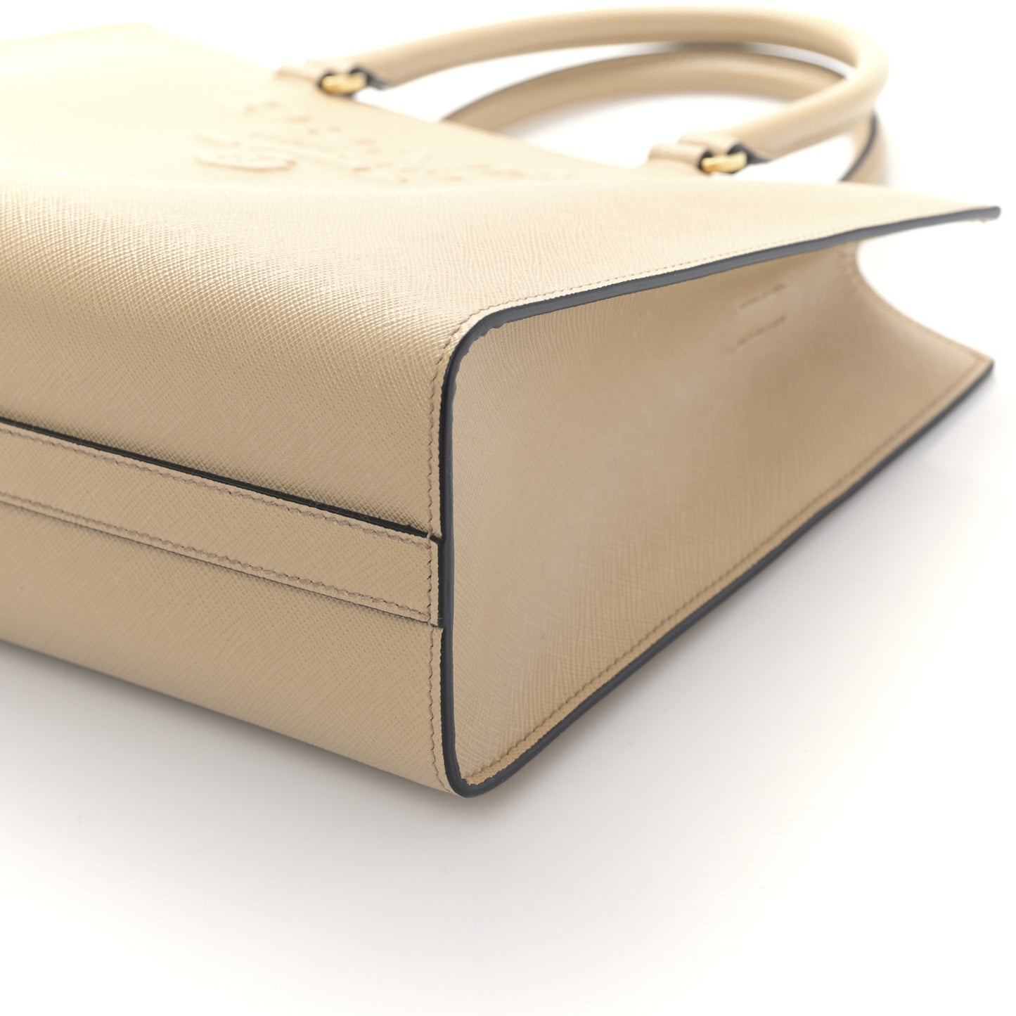 Saffiano Lux Logo Embossed Medium Shoulder Tote Handbag Sabbia