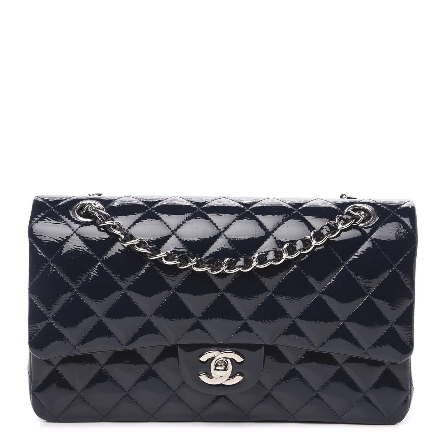 Distressed Patent Quilted Medium Double Flap Navy