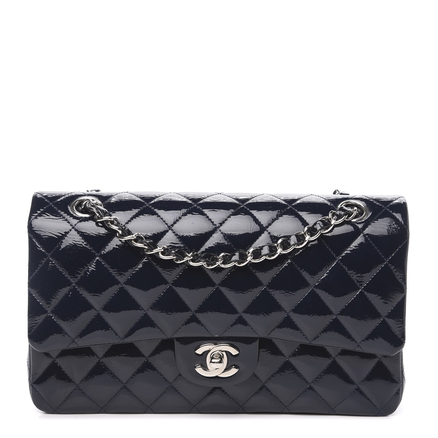 Chanel Distressed Patent Quilted Medium Double Flap Navy 1 of 15