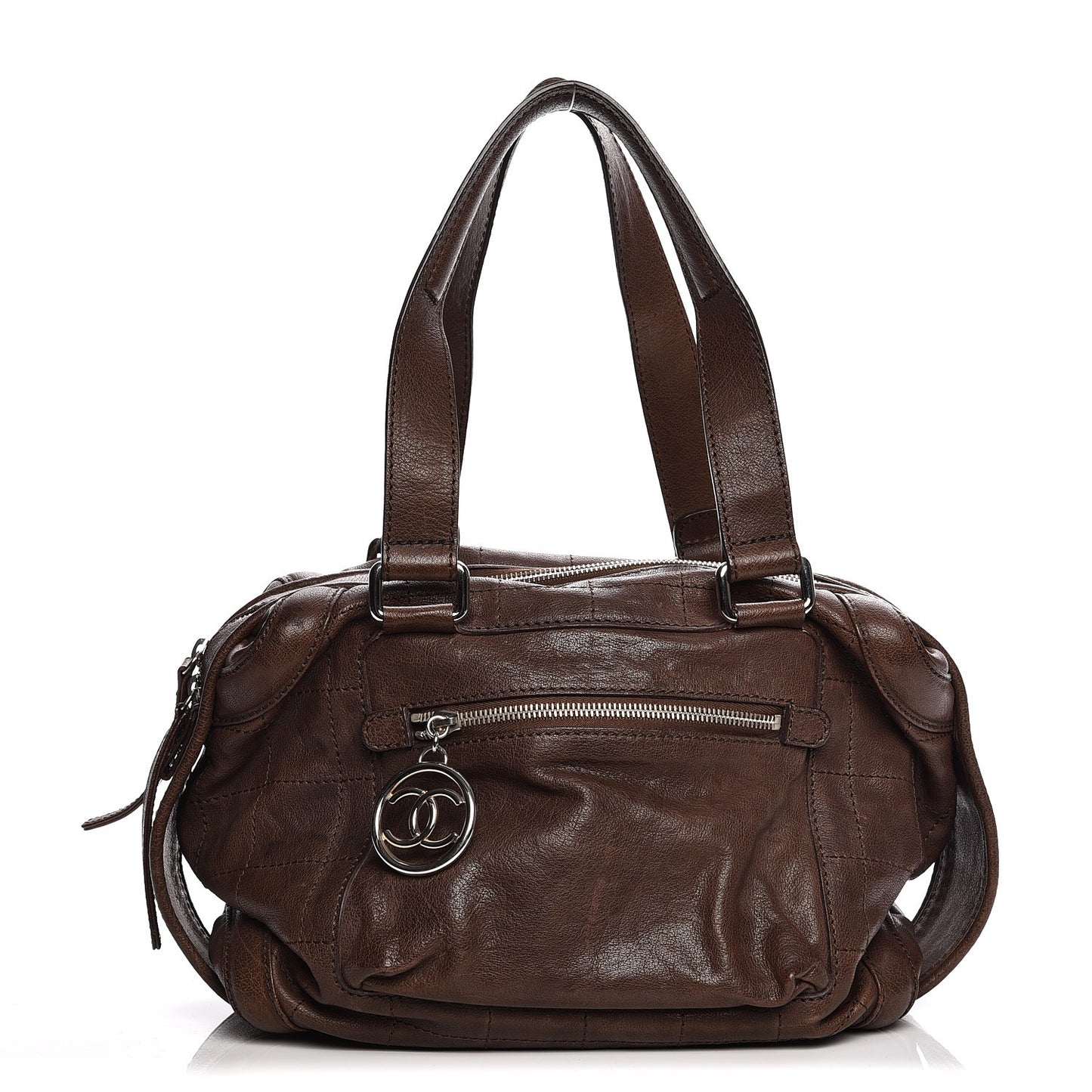 Calfskin Square Stitch Round Bowling Bag Brown