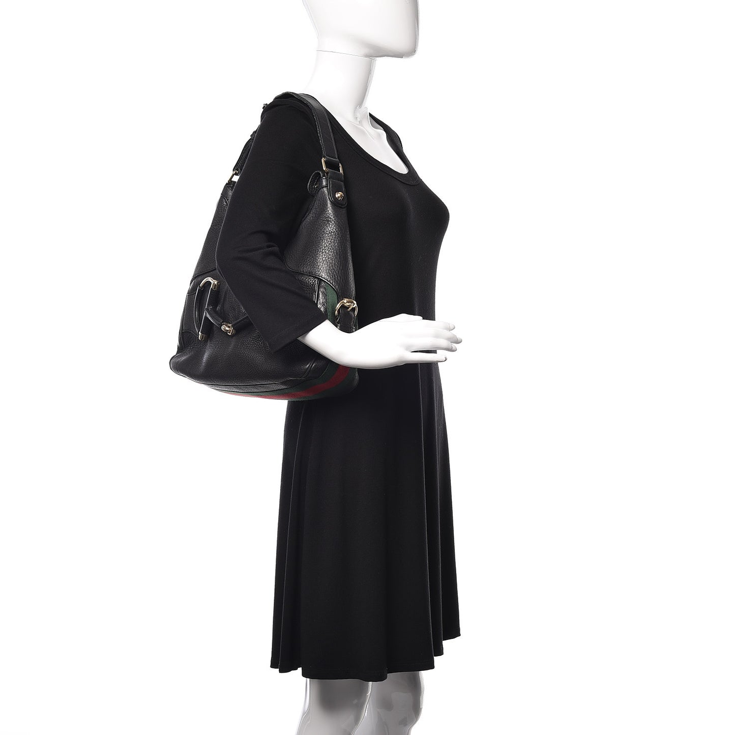 Calfskin Large Horsebit Web Hobo Black