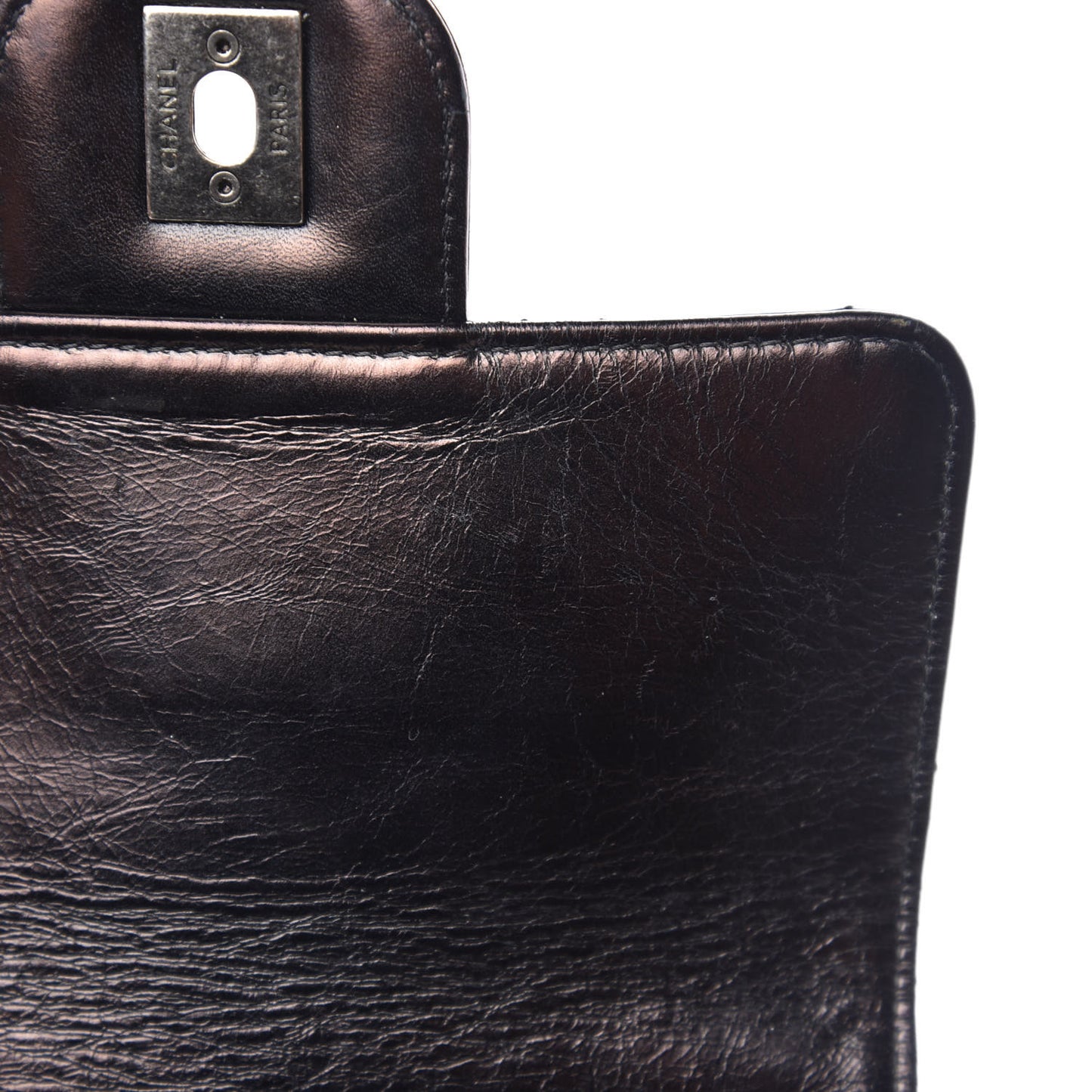 Glazed Calfskin Quilted Accordion Flap Black