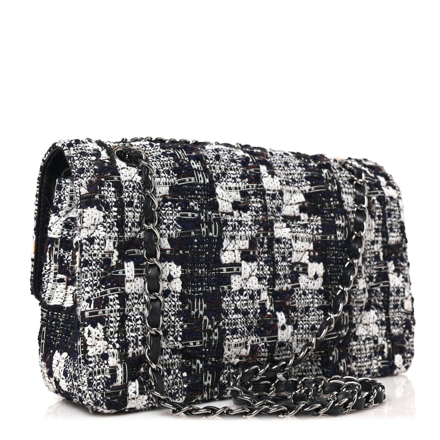 Tweed Quilted Medium Double Flap Black Ecru White