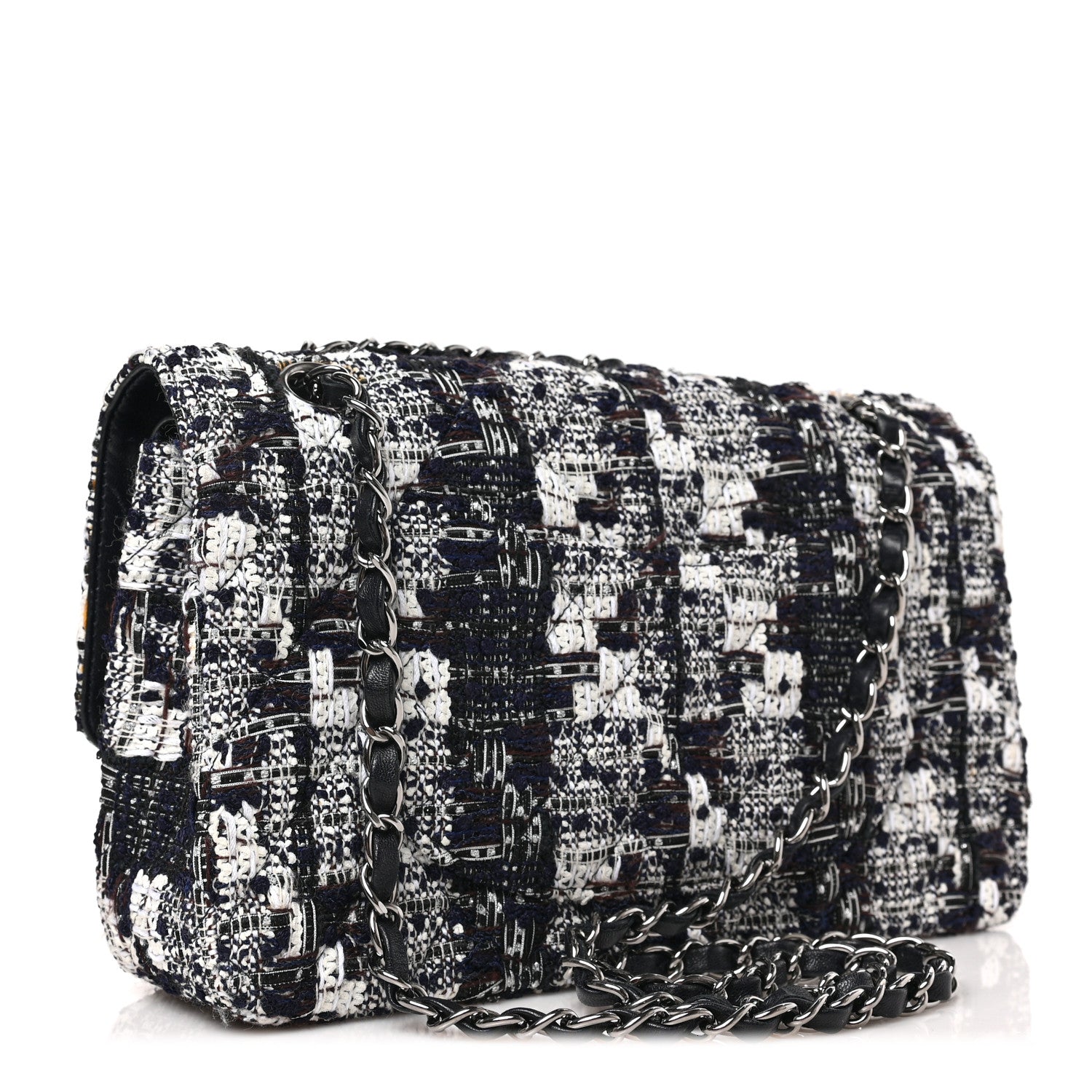 Chanel Tweed Quilted Medium Double Flap Black Ecru White 3 of 9