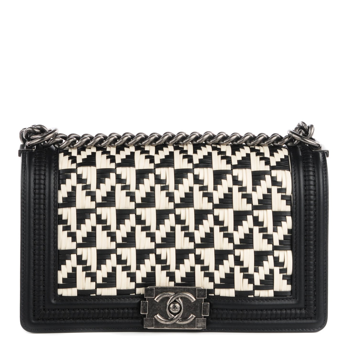 Calfskin Woven Medium Boy Flap Black White