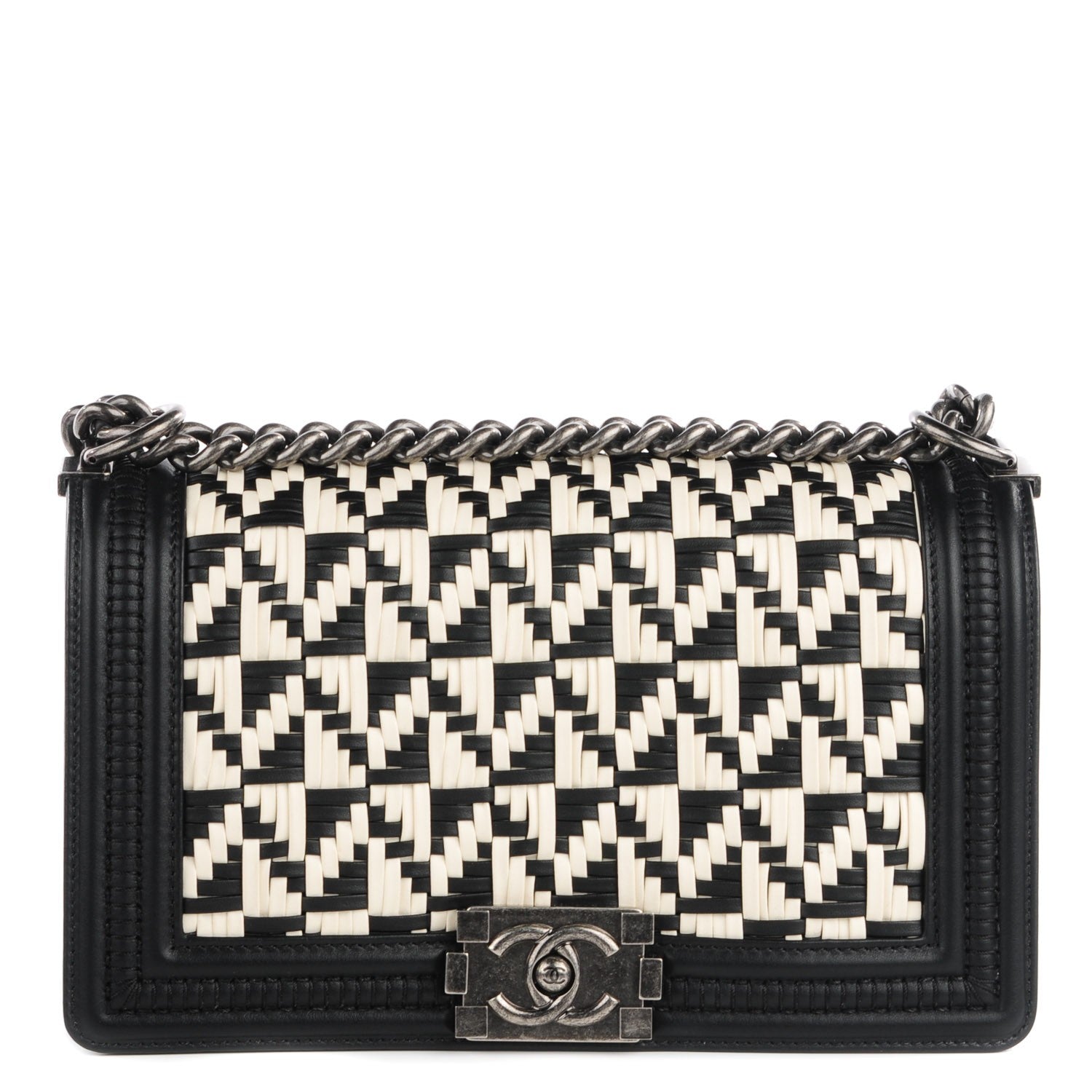 Chanel Calfskin Woven Medium Boy Flap Black White 1 of 9