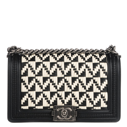 Chanel Calfskin Woven Medium Boy Flap Black White 1 of 9