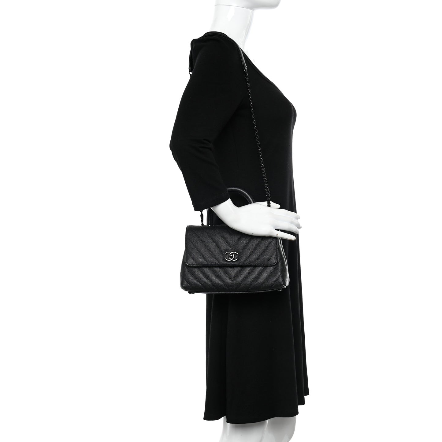 Caviar Chevron Quilted Mini Coco Handle Flap So Black